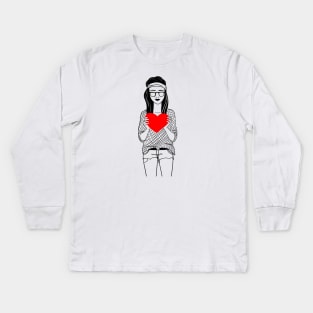 Stylish girl in shorts with big heart Kids Long Sleeve T-Shirt